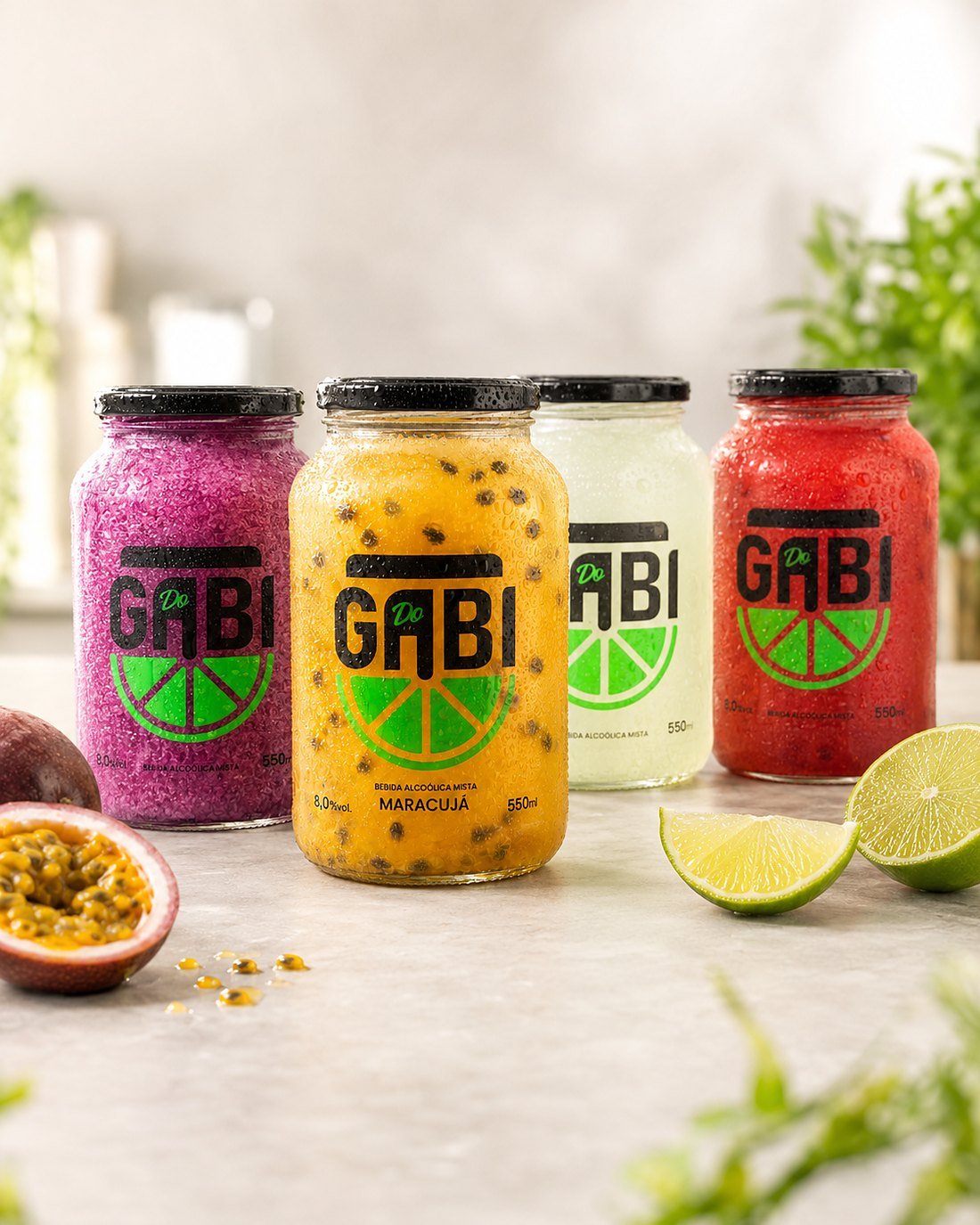 Potes de Caipirinha do Gabi nos sabores vinho, maracujá, limão e morango